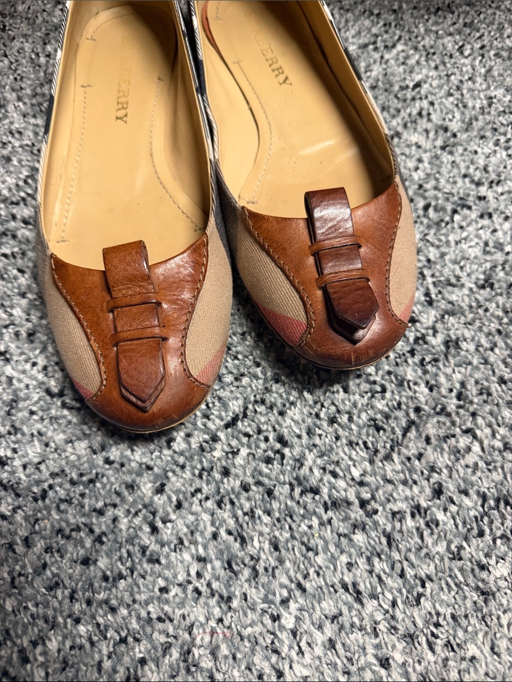 Burberry Tan Brown Leather & Beige Canvas Flats - Picture 5 of 7